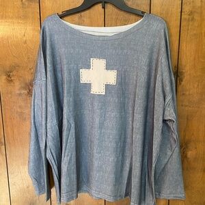 Washed Blue Women's Long-Sleeve Sweatshirt with White Cross Patch